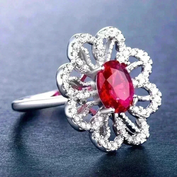 New 14k Gold Over Sterling Silver Ruby Diamond Flower Ring - Picture 1 of 4